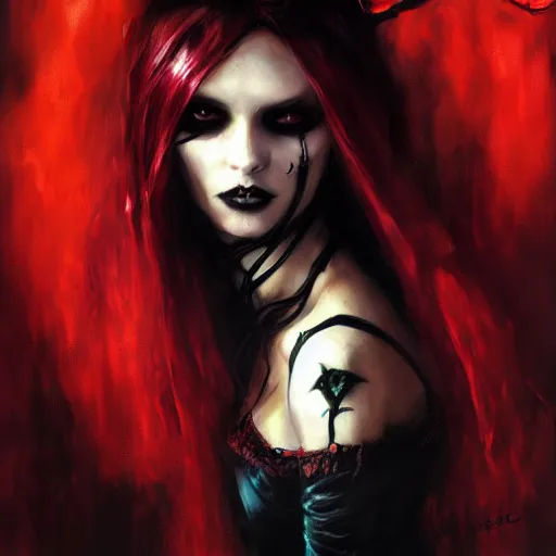 Image similar to beautiful gothic vampire girl, paint by Raymond Swanland