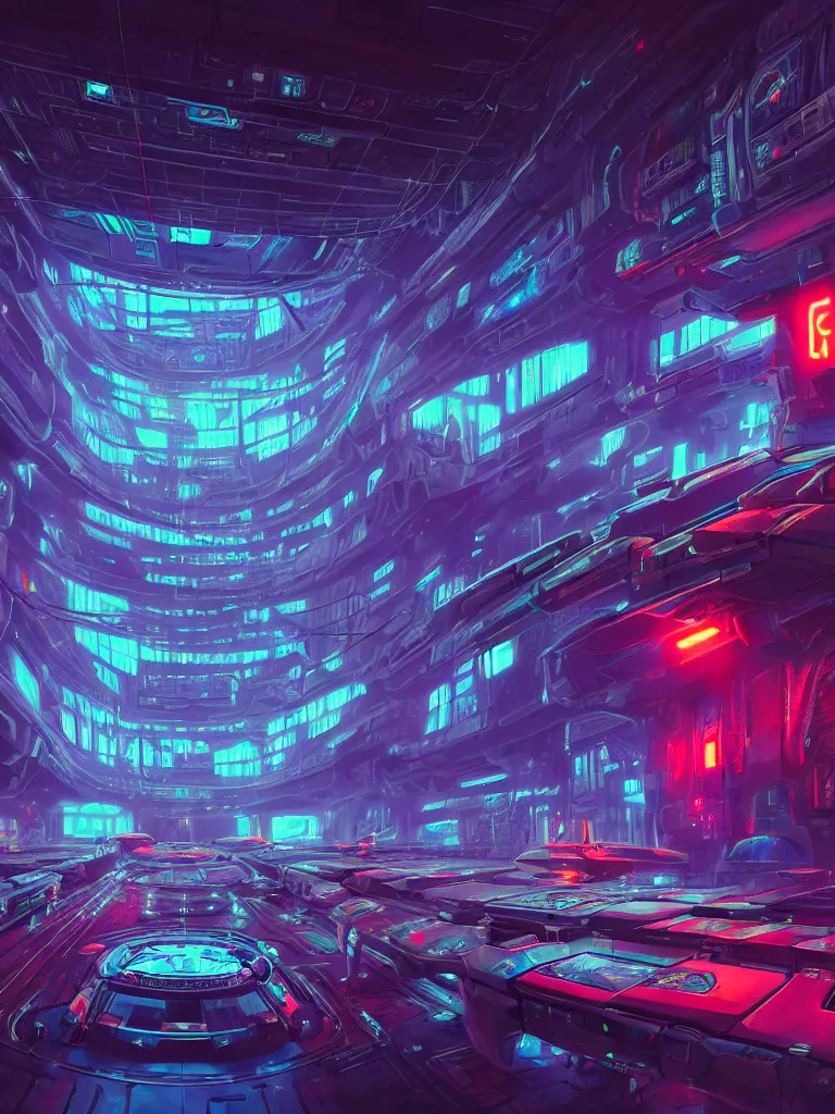 Image similar to the interior of a celestial spaceship cyberpunk hangar in a bioluminescent walls decorated beautifully, lots of cyberpunk design elements like humanoids and mecha robots, warm sunlight shining in, lots of cables and neon signs, concept art 8 k resolution, fantasy illustration, sharp focus, detailed painting, deep color, volumetric lighting, crepuscular rays