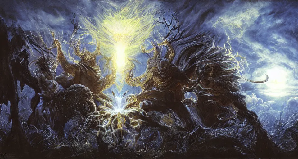 Image similar to concept art of the supernal realm'the primal wild'from the modern supernatural arcane magical thriller tabletop rpg'mage : the awakening ', by david mattingly and alan lee and michael whelan and michael william kaluta and francisco goya. realistic 8 k matte painting with photorealistic hd lighting.