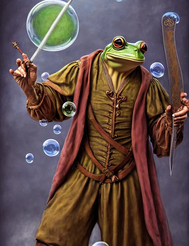 Prompt: anthropomorphic bipedal frog that is dressed as a renaissance fighter, and holding a zweihander, as a matte oil painting and d & d character art, by alex grey, standing, fullbody, floating bubbles, mystic, fog, fractals, spirals, concept art, award - winning, extremely detailed, sharp focus