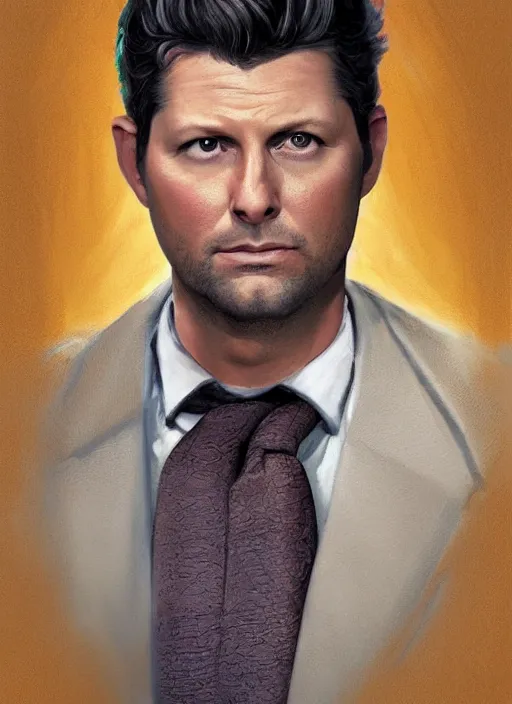 Image similar to portrait Adam Scott in Severance (2022), highly detailed, centered, solid color background, digital painting, artstation, concept art, smooth, sharp focus, illustration, Basil Gogos, Joseph Christian Leyendecker, Les Edwards, Ed Repka, WLOP, Artgerm