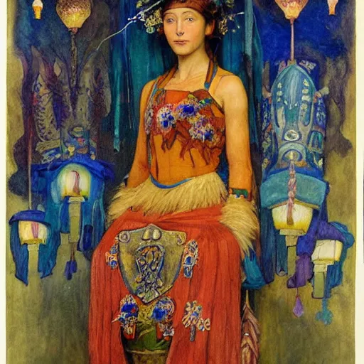 Image similar to queen of the dawn with her lantern and regalia, by Annie Swynnerton!! and Nicholas Roerich! and ((((((Diego Rivera)))))), embroidered robes, floral tattoos, bioluminescent skin!, elaborate costume, geometric ornament, symbolist, soft colors, dramatic lighting, smooth, sharp focus, extremely detailed