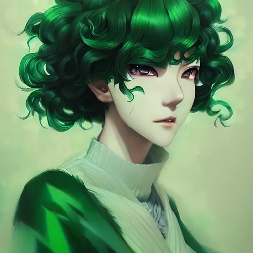 Prompt: detailed portrait art of tatsumaki with green curly hair, art by ross tran ilya kuvshinov krenz cushart, very detailed, intricate, digital anime art, sharp focus