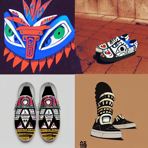 Image similar to sneaker design designed by studio ghibli, aztec mayan street fashion native punk sneaker design, majora's mask, wearing wooden mask, hip hop sneaker design with subtle mayan patterns, gapmoe yandere grimdark, trending on pixiv fanbox, painted by greg rutkowski makoto shinkai takashi takeuchi studio ghibli, akihiko yoshida