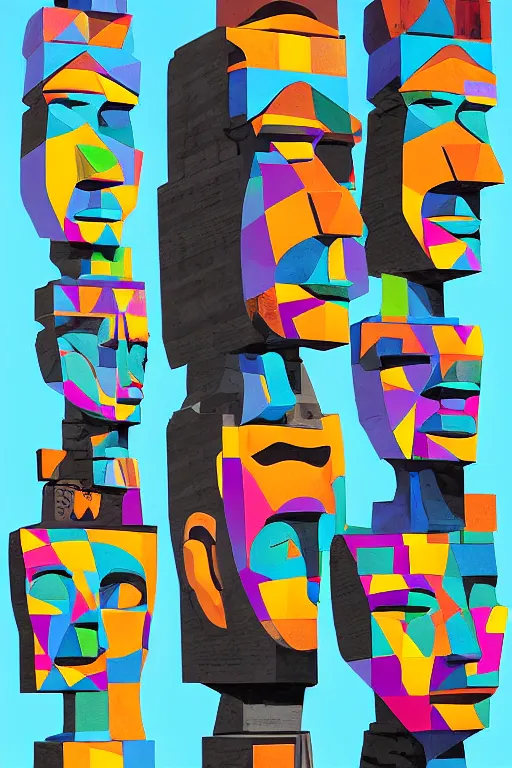 Image similar to cubist moai statue cutout digital illustration cartoon colorful beeple