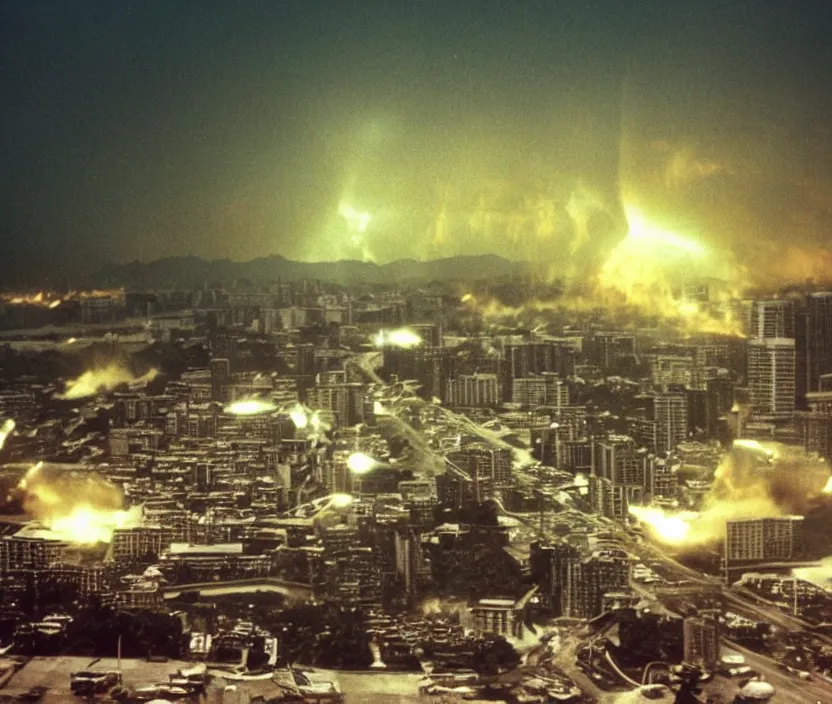 Prompt: Pulgasari the North Korean starfish monster destroying Pyongyang city, volumetric lighting, filmstill, produced by Kim Jong-il, Kodachrome, kaiju-eiga, monster! movie, communist propaganda, film noir, 35mm film grain, Cooke Varotal 20-100mm T3.1, in the style of Ishirō Honda and Stanley Kubrick