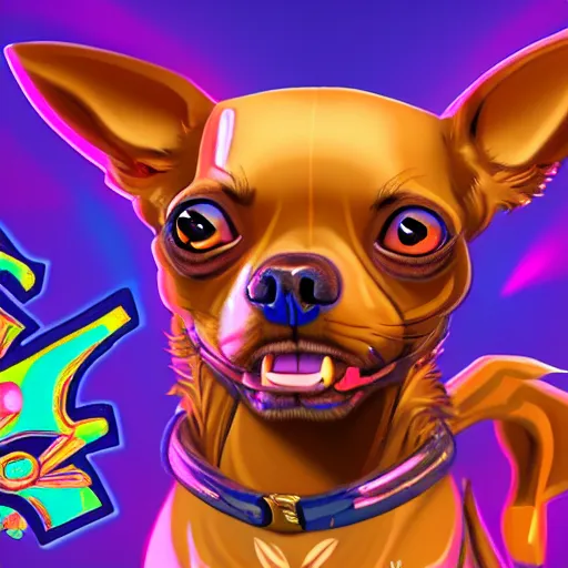 Image similar to a chihuahua with a third eye living in an extradimensional reality, in the style of 9 0 s and goof troop, illustration, epic, fantasy, hyper detailed, smooth, unreal engine, sharp focus, ray tracing, physically based rendering