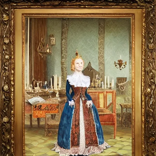 Prompt: hyper realistic painting of a werewolf royalty standing in a throne room, dressed in a 1800s royal outfit, traditional art, very fine detail and texture, royal workshop, in the art style of beatrix potter, Willem Wissing, watercolor, colored pencil, ink, oil, acrylic, early morning lighting