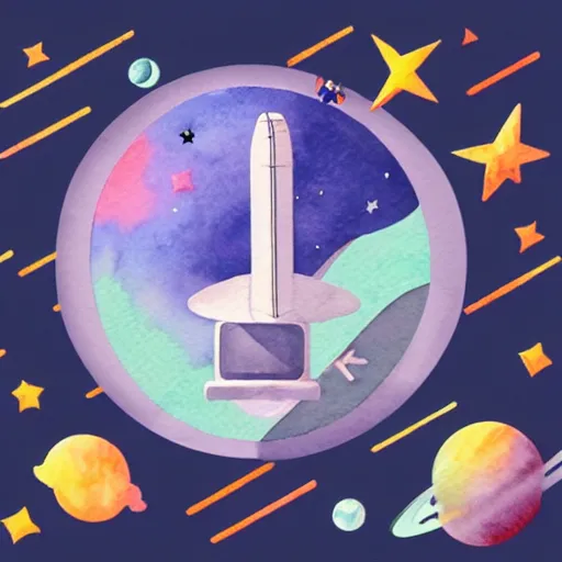 Image similar to isometric watercolor illustration of a printer floating in space, bright stars, flat sythwave artstyle