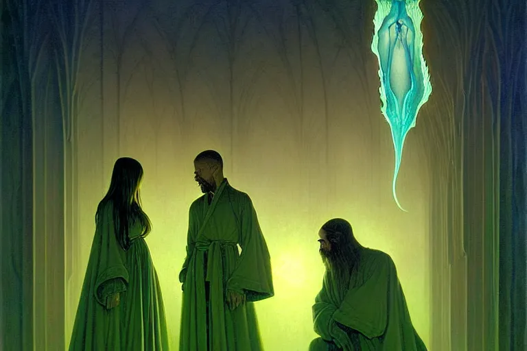 Prompt: the female arcanist and the male artificer by zacharias aagaard and albert bierstadt and zdzisław beksinski and james gilleard and wayne barlowe and marc simonetti and jean delville, beautiful, robes, highly detailed, hyperrealistic, intricate, energy, electricity, blue flame, low light, green crystal, high contrast