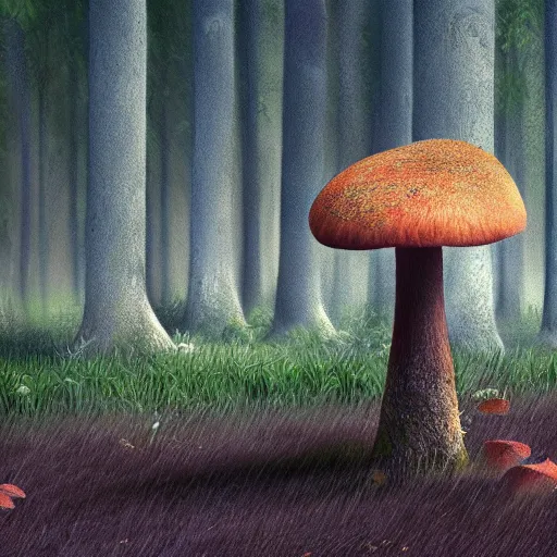 Image similar to A beautiful a picture of a single mushroom that grows on the ground with a forest with pines and birches, and a growing mycelium of the fungus is visible underground, Digital Art, Trending on artstation