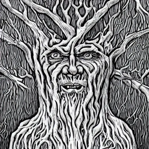 Image similar to old man morphing into a tree, scary, horror, intricate details