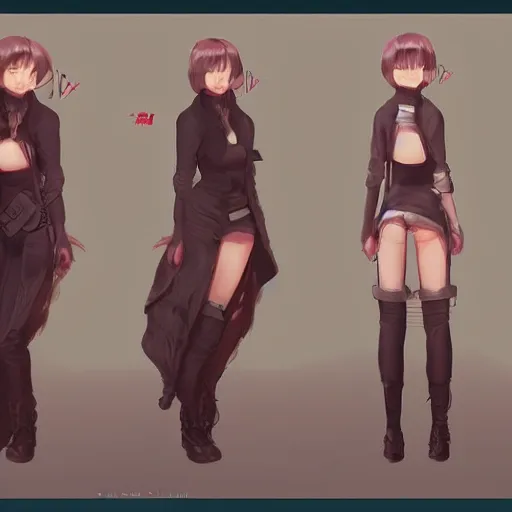 Image similar to character sheet cute girl, digital art by wlop. character design concept art. artstation contest winner, cinematic paint. lower shot. blade runner, scifi, candy girl