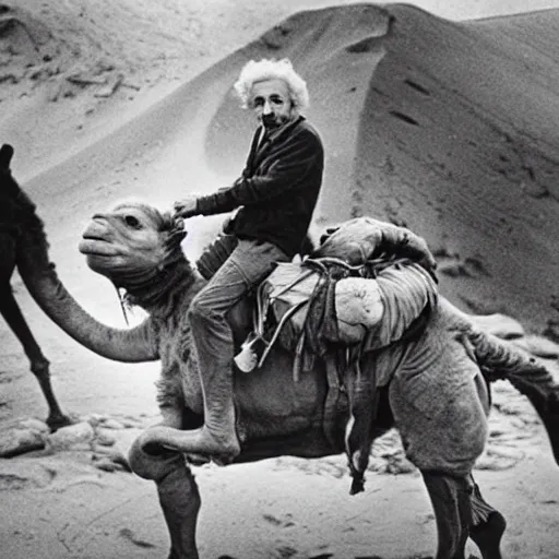 Prompt: einstein riding a camel and eating a hotdog