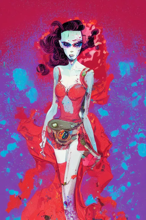 Image similar to beautiful lady half necromancer, made of red gucci fabric, dust particles, pixiv fanbox, dramatic lighting, maximalist pastel color palette, splatter paint, pixar and disney exploded - view drawing, graphic novel by fiona staples and dustin nguyen, peter elson, alan bean, wangechi mutu, clean cel shaded vector art, trending on artstation