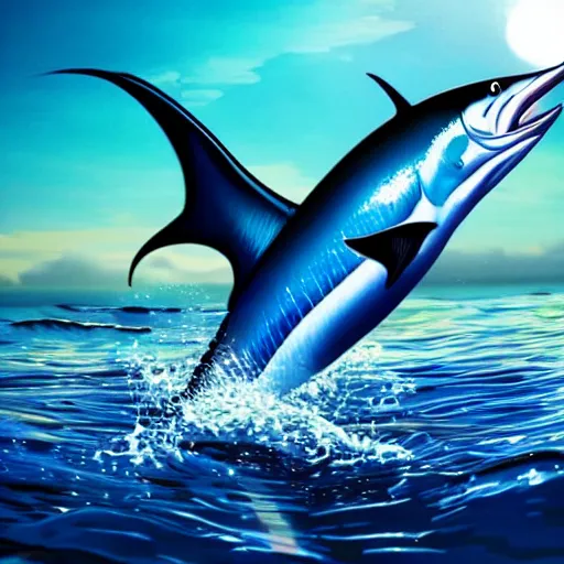 Image similar to of an amazing realistic illustration of a marlin fish jumping out of water, go pro footage, water line surface, sunrise lighting, dynamic composition