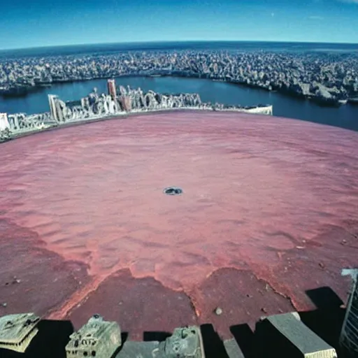 Image similar to a large nuclear crater in manhattan, realistic, taken on a ww 3 camera.