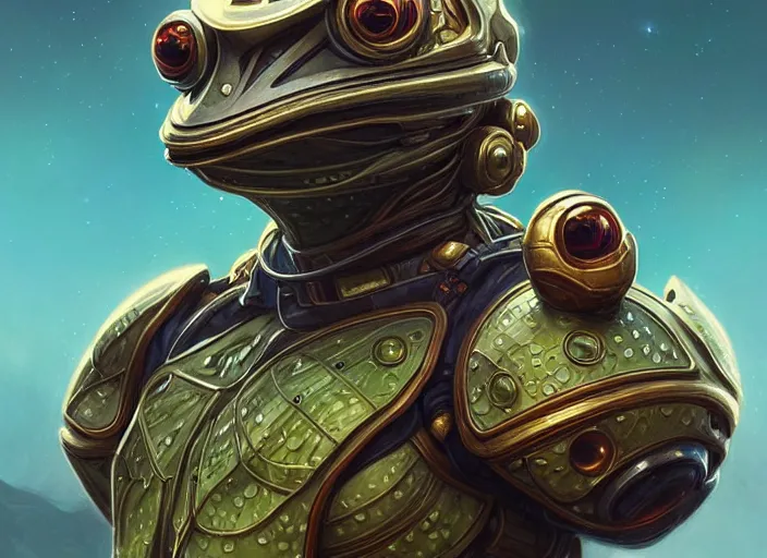 Prompt: portrait of a frog dressed as a spaceship pilot, d & d, armour! fantasy, intricate, elegant, highly detailed, digital painting, artstation, concept art, smooth, sharp focus, illustration, art by artgerm and greg rutkowski and alphonse mucha