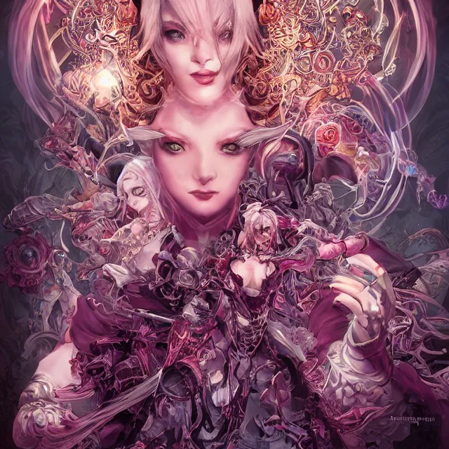 Image similar to the portrait of chaotic evil female necromancer mastermind as absurdly beautiful, gorgeous, elegant, av idol, an ultrafine hyperdetailed illustration by kim jung gi, irakli nadar, intricate linework, bright colors, octopath traveler, final fantasy, unreal engine 5 highly rendered, global illumination, radiant light, detailed and intricate environment