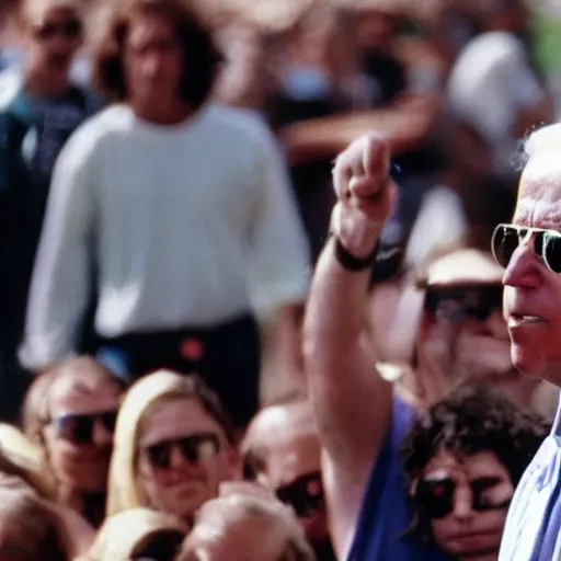 Prompt: joe biden at woodstock 1999, insane clown posse concert, vhs camcorder footage