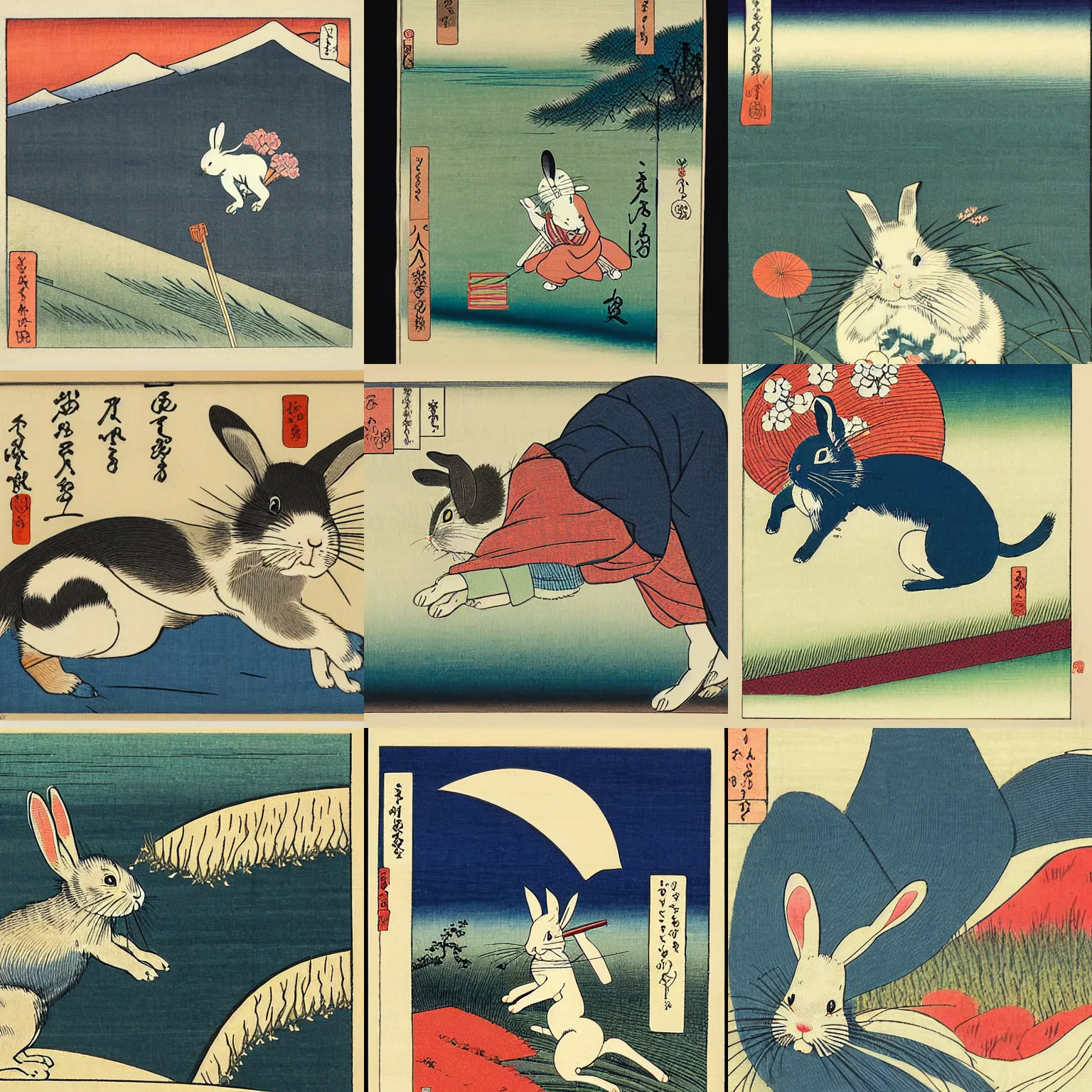 Prompt: an ukiyo-e woodblock print of a cute rabbit jumping across a meadow, very beautiful, collaboration by hiroshige and hokusai