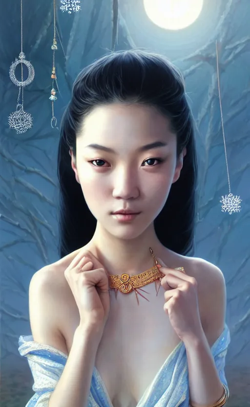 Image similar to a beautiful young charming asian goddess with sundress + jewelry + shinny eyes | | winter, symmetric, realistic shaded, unpleasant face, good looking, fine details, dior, lv, realistic shaded lighting poster by greg rutkowski, macoto takahashi, magali villeneuve, artgerm, jeremy lipkin and michael garmash