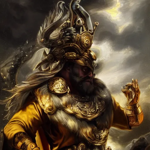 Image similar to mythological Odin all father god of thunder and artificial intelligence creating an artificial neural network with dark yellow synapses on an anvil, high resolution, award winning art, trending on art station, sharp image, incredibly detailed, odin all father detailed character realistic painting, painting by peter paul rubens