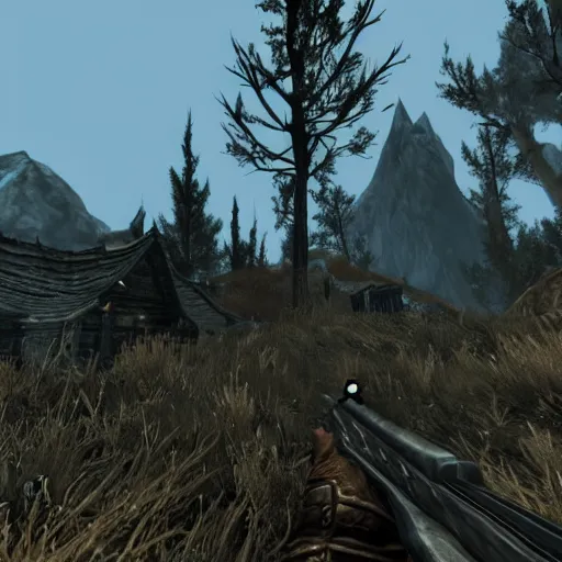 Prompt: skyrim re - imagined as a first person shooter. the player is holding a rifle with a scope.