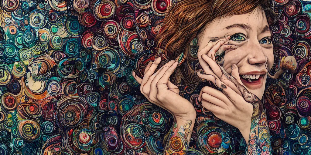 Prompt: a fisheye lens shot on full - frame camera of a beautiful woman reaching out and laughing, intricate, highly detailed, martine johanna casey weldon chie yoshi