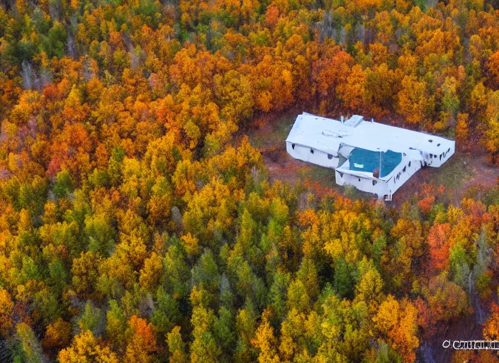 Prompt: low drone shot of a ranch style Juvenile Detention Center middle of the Woods during autumn