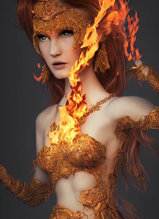 Image similar to 3d fashion portrait with fire, female, future, torch, flame, harper's bazaar, vogue, fashion magazine, intricate, concept art, close up, ornate, luxury, elite, elegant, trending on artstation, by ruan jia, by Kenneth Willardt, by ross tran, by WLOP, by Andrei Riabovitchev,