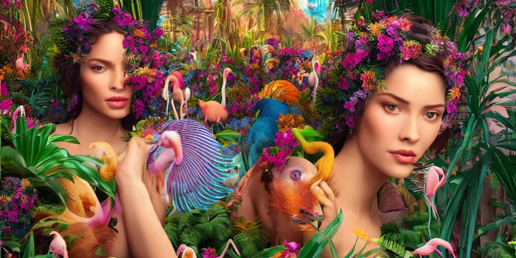 Image similar to photo realistic depiction of a beautiful woman face surrounded by orchids, lion fish, and colorful flamingos style by salvador dali, hyper realistic, octane rendered