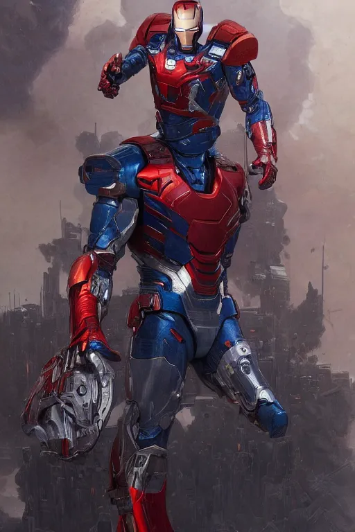 Image similar to Portrait of Willem Dafoe as Iron Patriot, marvel comics, dark, intricate, highly detailed, smooth, artstation, digital illustration by Ruan Jia and Mandy Jurgens and Artgerm and Wayne Barlowe and Greg Rutkowski and Zdislav Beksinski