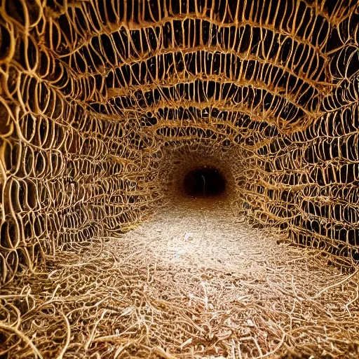 Image similar to interior of a huge ant nest tunnel where some humans are living. the humans are wearing realistic ant costumes