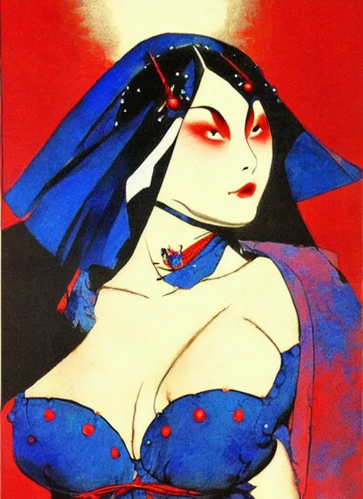 Image similar to portrait of heavyset korean vampiress, jeweled veil, blue and red, strong line, saturated color, beautiful! coherent! by frank frazetta, high contrast, minimalism