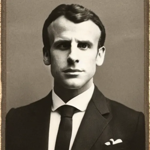 Image similar to photograph of emmanuel macron by edwardian, male, 1 9 0 0 s, 1 9 1 0 s, grainy, slightly blurry, faded, realistic face