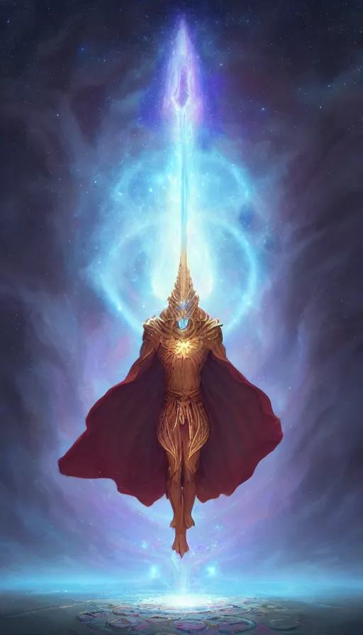 Prompt: cosmic god with a cape, epic scene, colors, holy, full body, galaxy, and, stars, atmosphere, unreal engine, pixar, video game, ethereal, insanely detailed, symmetrical, concept art, peter mohrbacher, charlie bowater, artstation, cinematic, video game, digital painting, artist maena, 4 k