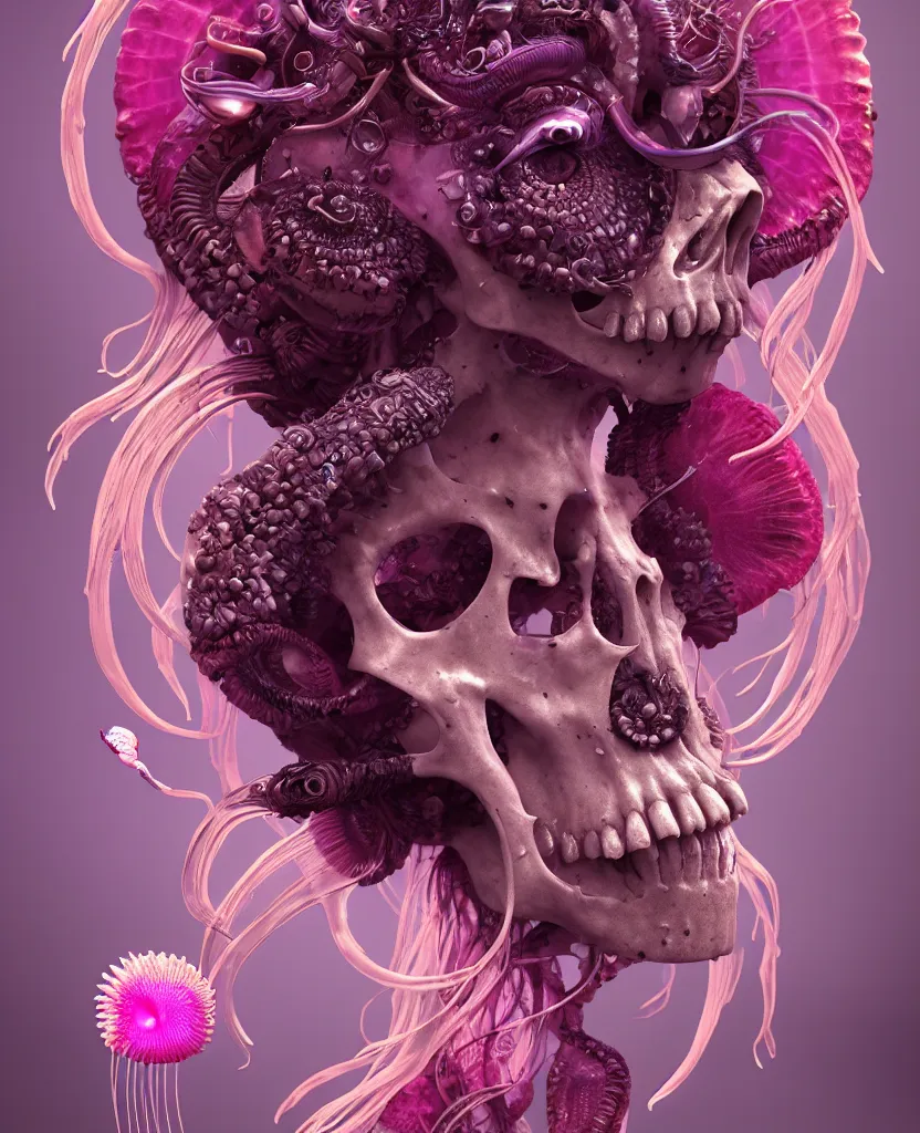 Image similar to goddess princess face close-up portrait ram skull. jellyfish phoenix head, nautilus, orchid, skull, betta fish, bioluminiscent creatures, intricate artwork by Tooth Wu and wlop and beeple. octane render, trending on artstation, greg rutkowski very coherent symmetrical artwork. cinematic, hyper realism, high detail, octane render, 8k