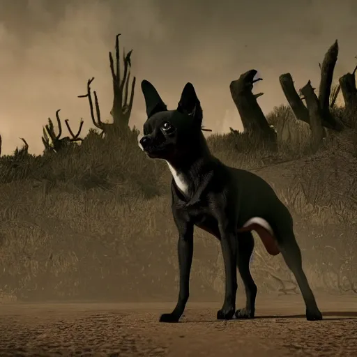 Image similar to The black chihuahua trotted up beside the duke. He sniffed at the air, parched and desperate for water, then inflected his ears to listen. The sound of the wastelands had grown distant over the last few days, but it was still there: the strange howling that had disturbed their sleep during the first week in the wastes.