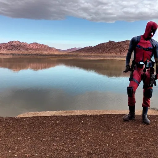 Image similar to deadpool sticking his head out of empty drained lake mead