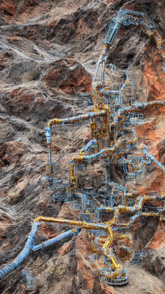 Prompt: ultra realistic macro photography of the giant magical machine embedded within the mountain, colourful sedimentary and igneous rock and marble, rock textures industrial machinery, factory machines, pistons, pipes and valves, super conducters, circuitry. 8k 3D geology