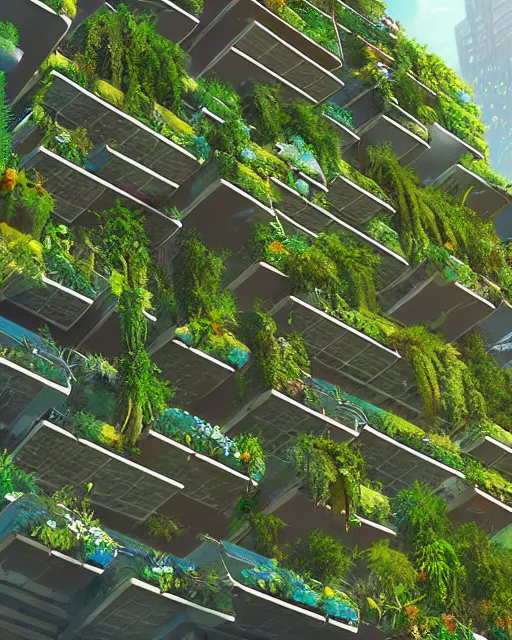Prompt: highly detailed solarpunk ecological skyscraper vertical garden, flowers, makoto shinkai, dan mumford, ross tran, petros afshar