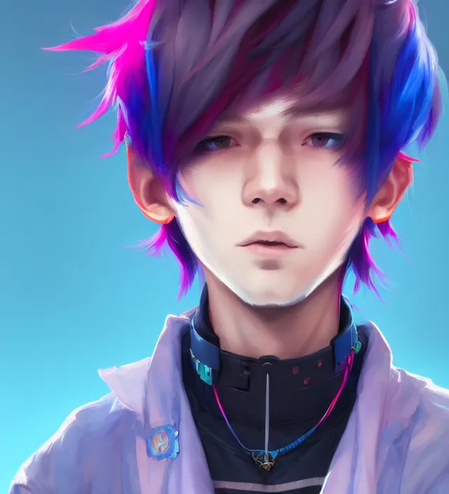 Image similar to character concept art of a cute young cyberpunk boy with colorful hair and collar | | cute - fine - face, pretty face, key visual, realistic shaded perfect face, fine details by stanley artgerm lau, wlop, rossdraws, james jean, andrei riabovitchev, marc simonetti, and sakimichan, trending on artstation