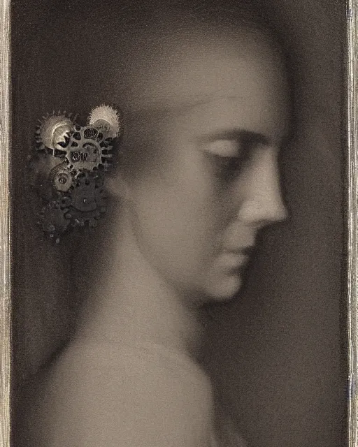 Prompt: a woman's face in profile, made of intricate clockwork, in the style of the dutch masters and gregory crewdson, dark and moody