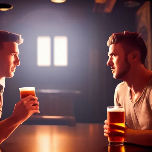 Image similar to cinematic scene with attractive male and another attractive male, drinking their hearts out, in the pub, high definition, very detailed, volumetric lighting, still frame