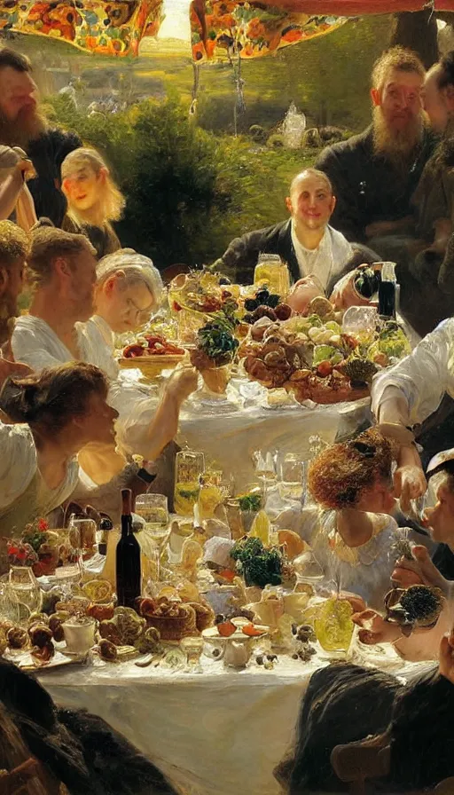 Prompt: still life painting of no-gravity midsummer party, by Peder Krøyer, golden hour, dramatic lighting, epic, gargantuan, intricate detail, canvas print