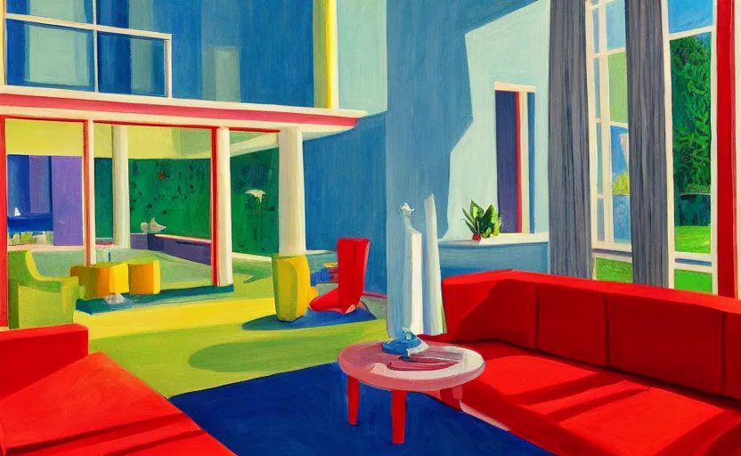 Prompt: Interior shot of a white boujee mansion with modern colorful furniture, very coherent, painted by Edward Hopper, painted by DotPigeon airbrush, art by David Hockney