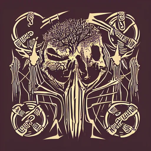 Image similar to dark death metal themed vector illustration for a record label, trees. forest, spikes, skull, microphone, skull, award winning, grunge, iconic, golden ratio