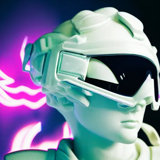 Image similar to beautifully lit extreme close up photo of a white marble statue of an anime girl with colorful motocross logos and motorcycle helmet with closed visor, colorful smoke in the background, carved marble statue, fine art, neon genesis evangelion, virgil abloh, offwhite, denoise, highly detailed, 8 k, hyperreal