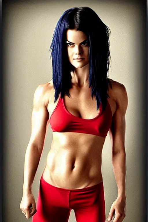 Image similar to realistic photograph. warrior woman, 2 7 years old, in her bedclothes : tight, white tanktop lose, comfortable, red pajama pants. jaimie alexander. her hair is short, straight, raven - black. fair - complected but tan. tall and gracile, except for her thick ripped vascular buff muscular arms and her ample bust.